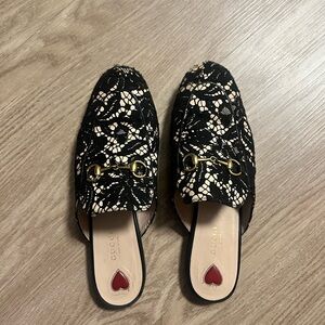Gucci Black and Cream Lace Mules